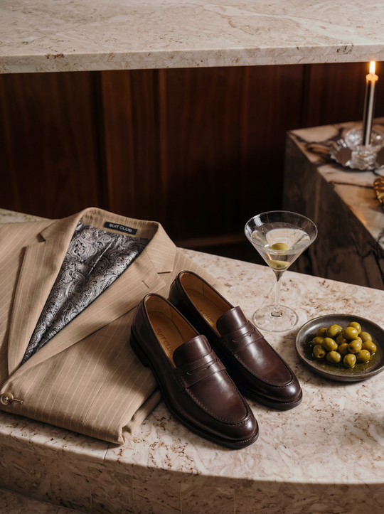 Brune loafers i læder stylet med beige jakkesæt