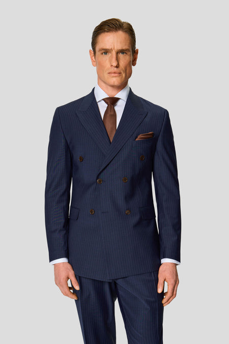 PREMIUM blå dobbeltradet blazer med nålestriber